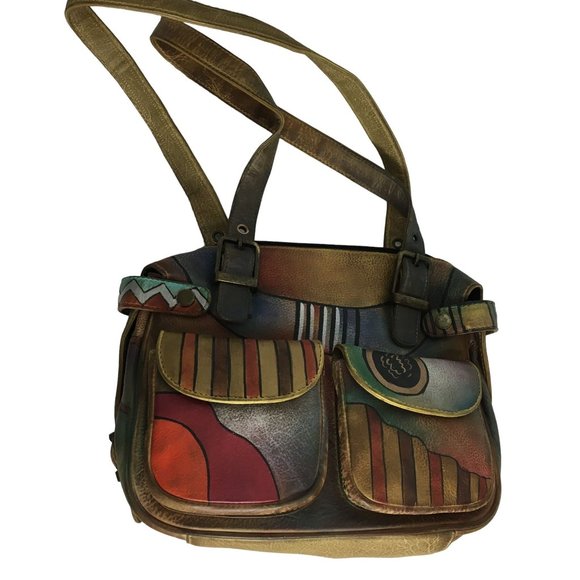 Anuschka NEVER USED Handpainted Leather Buckle Shoulder Bag Southwest - Picture 2 of 13